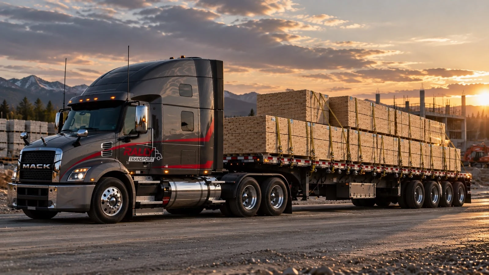 Rally-branded Mack truck carrying secured lumber bundles on a flatbed at sunset